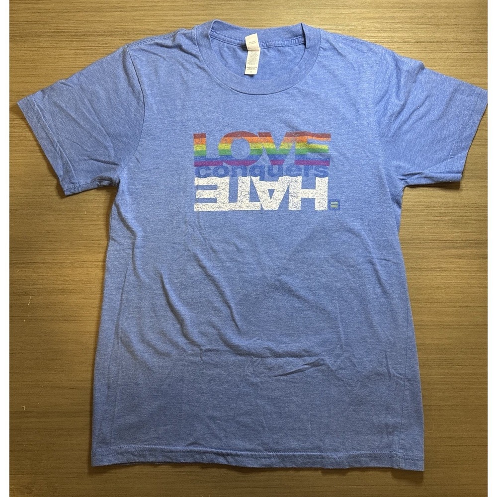 Human Rights Campaign Love Conquers Hate Womens Graphic Tee Shirt Small S Blue